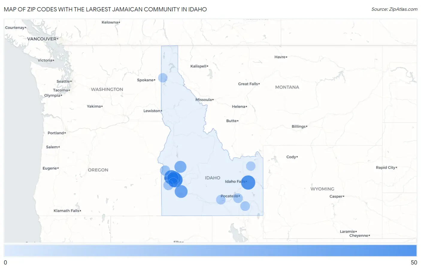 Zip Codes with the Largest Jamaican Community in Idaho Map
