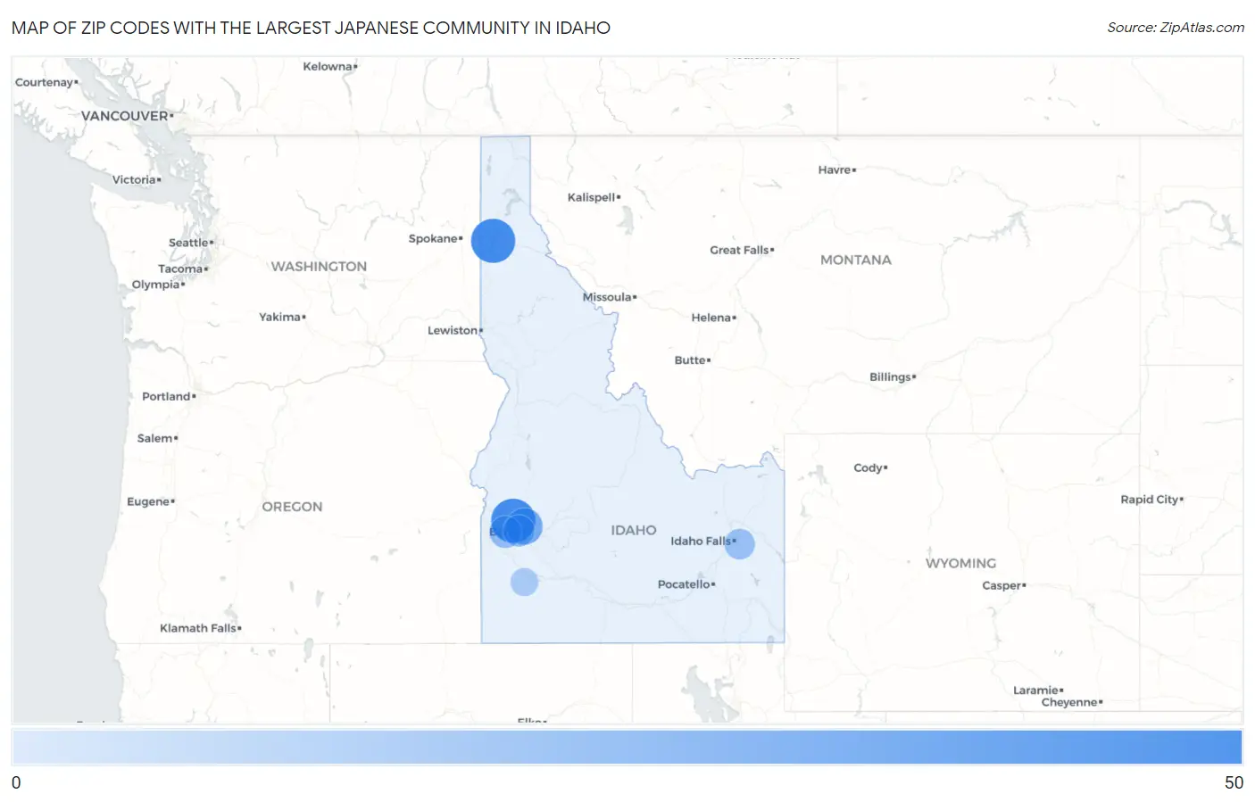 Zip Codes with the Largest Japanese Community in Idaho Map