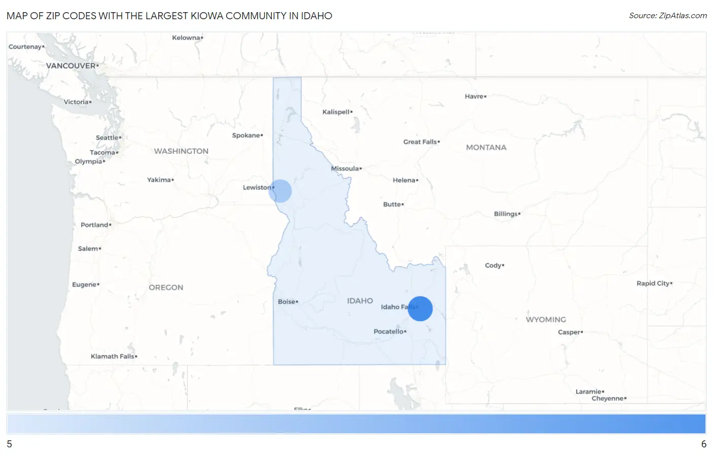 Zip Codes with the Largest Kiowa Community in Idaho Map
