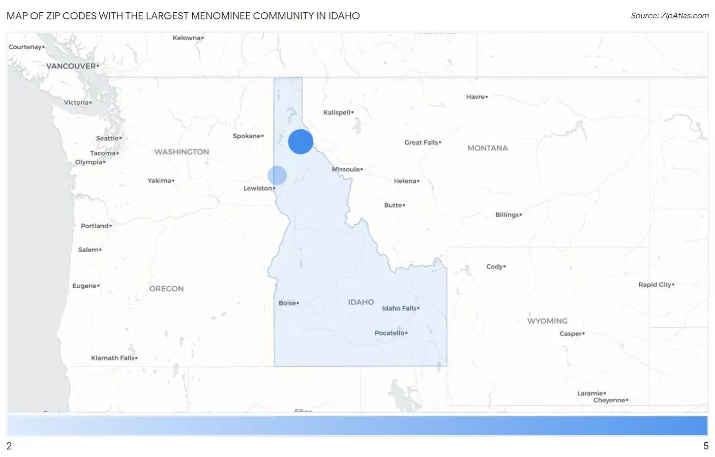 Zip Codes with the Largest Menominee Community in Idaho Map