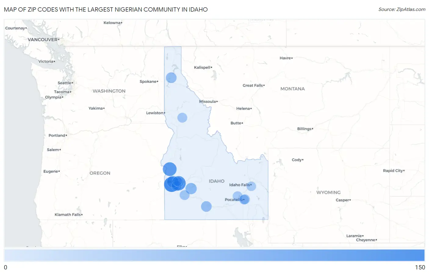 Zip Codes with the Largest Nigerian Community in Idaho Map