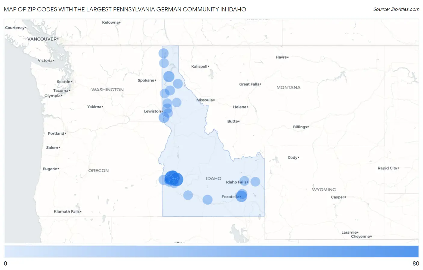 Zip Codes with the Largest Pennsylvania German Community in Idaho Map