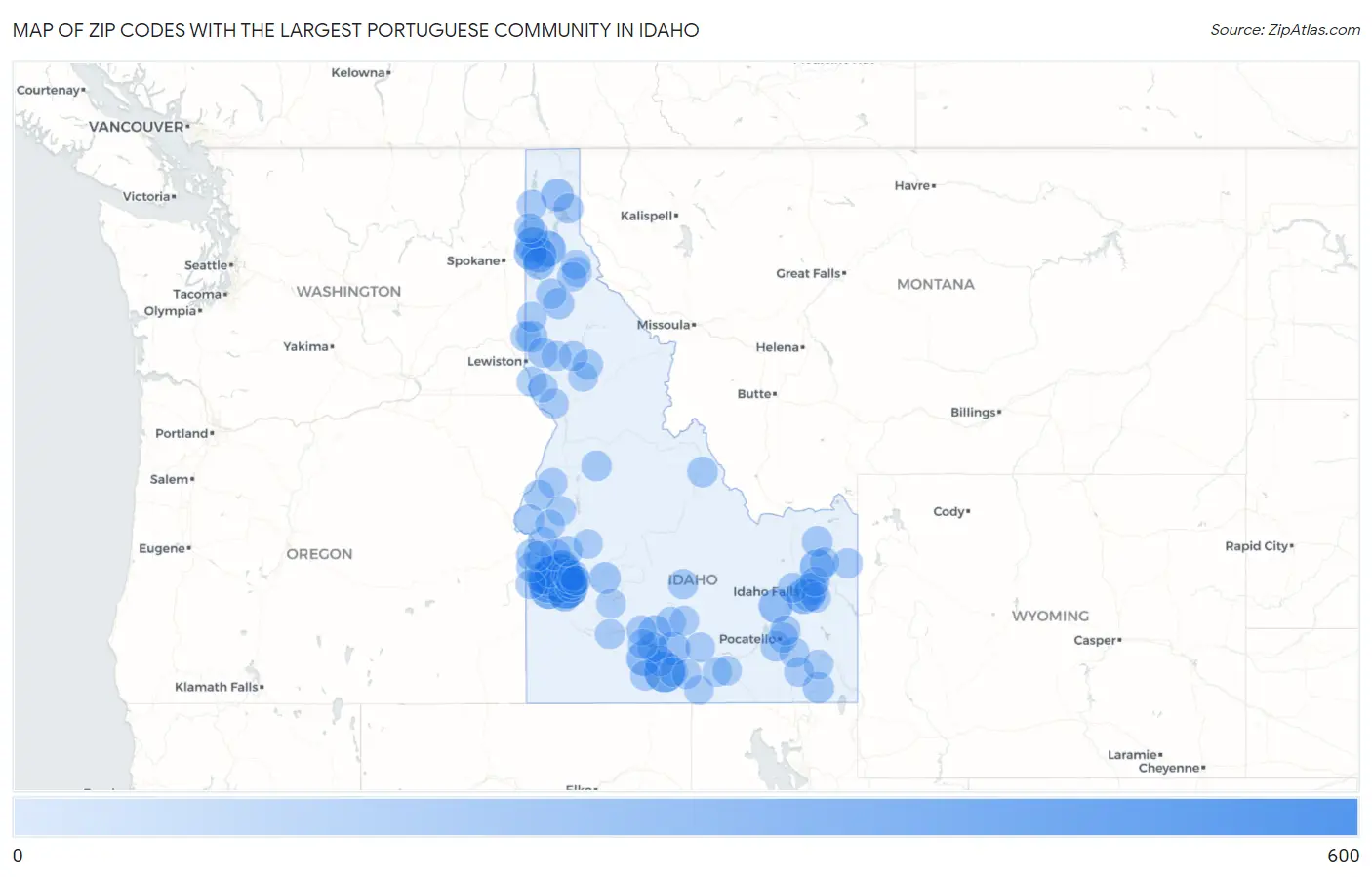 Zip Codes with the Largest Portuguese Community in Idaho Map