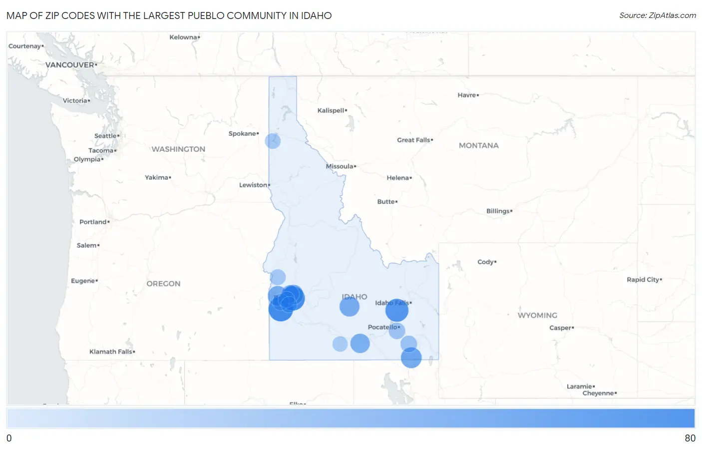 Zip Codes with the Largest Pueblo Community in Idaho Map