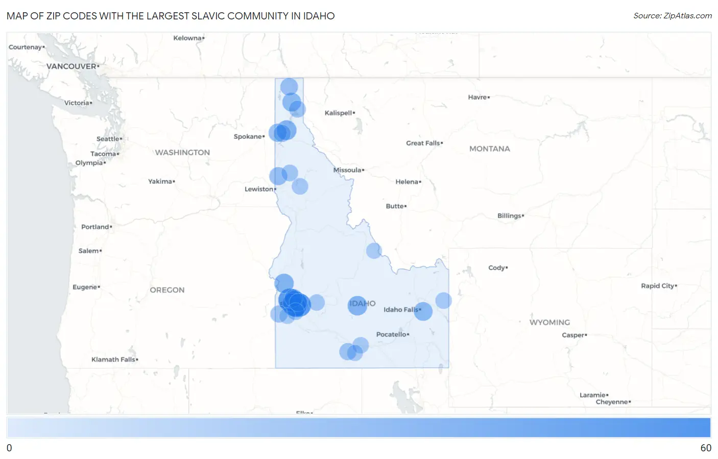 Zip Codes with the Largest Slavic Community in Idaho Map
