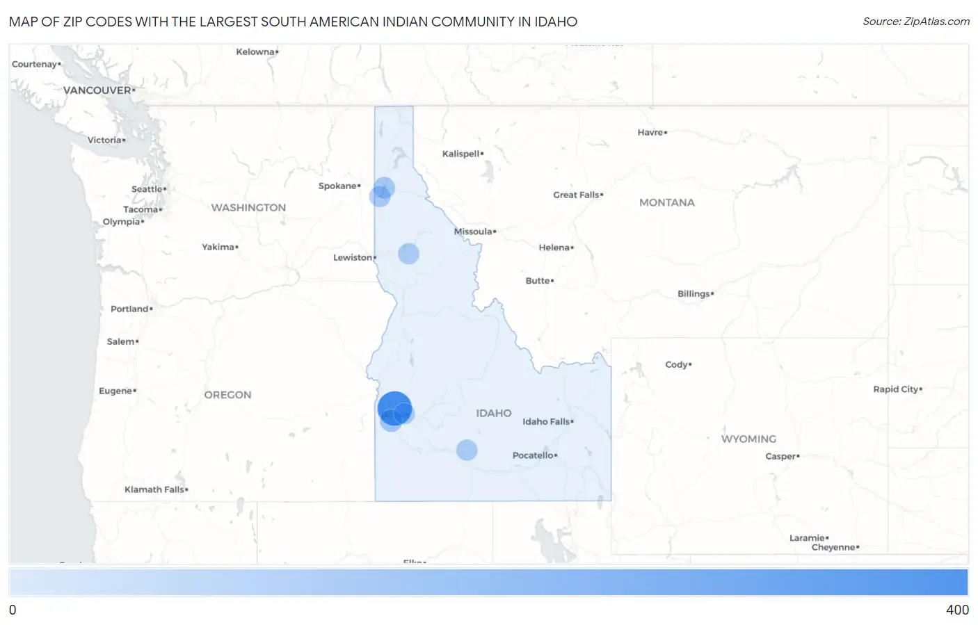 Zip Codes with the Largest South American Indian Community in Idaho Map