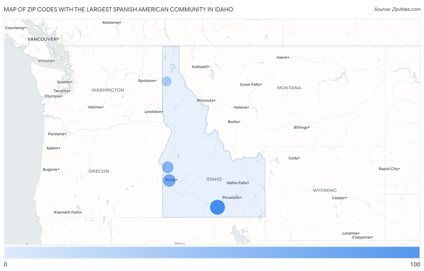 Zip Codes with the Largest Spanish American Community in Idaho Map