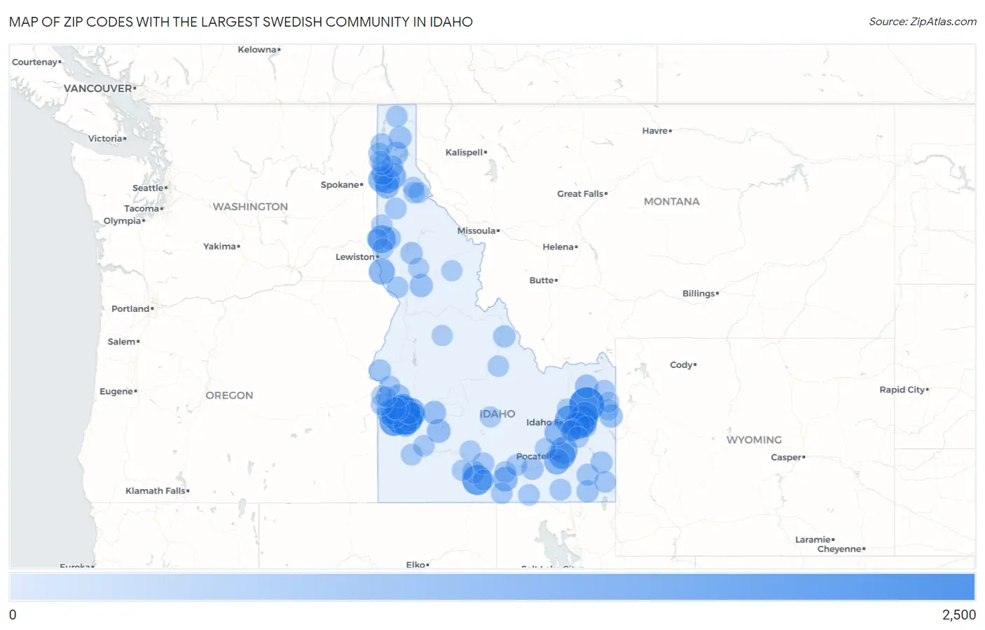 Zip Codes with the Largest Swedish Community in Idaho Map