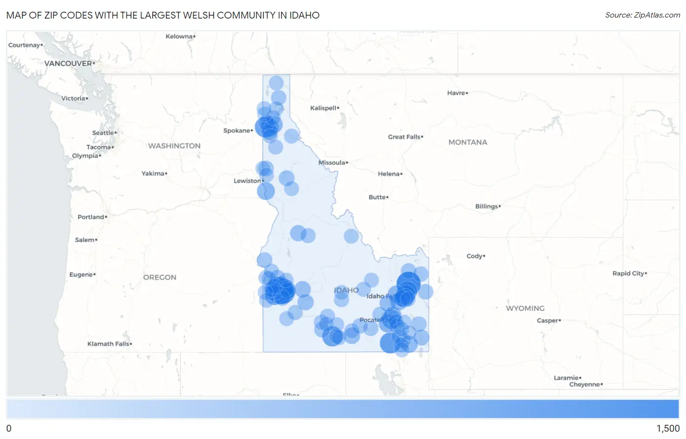 Zip Codes with the Largest Welsh Community in Idaho Map