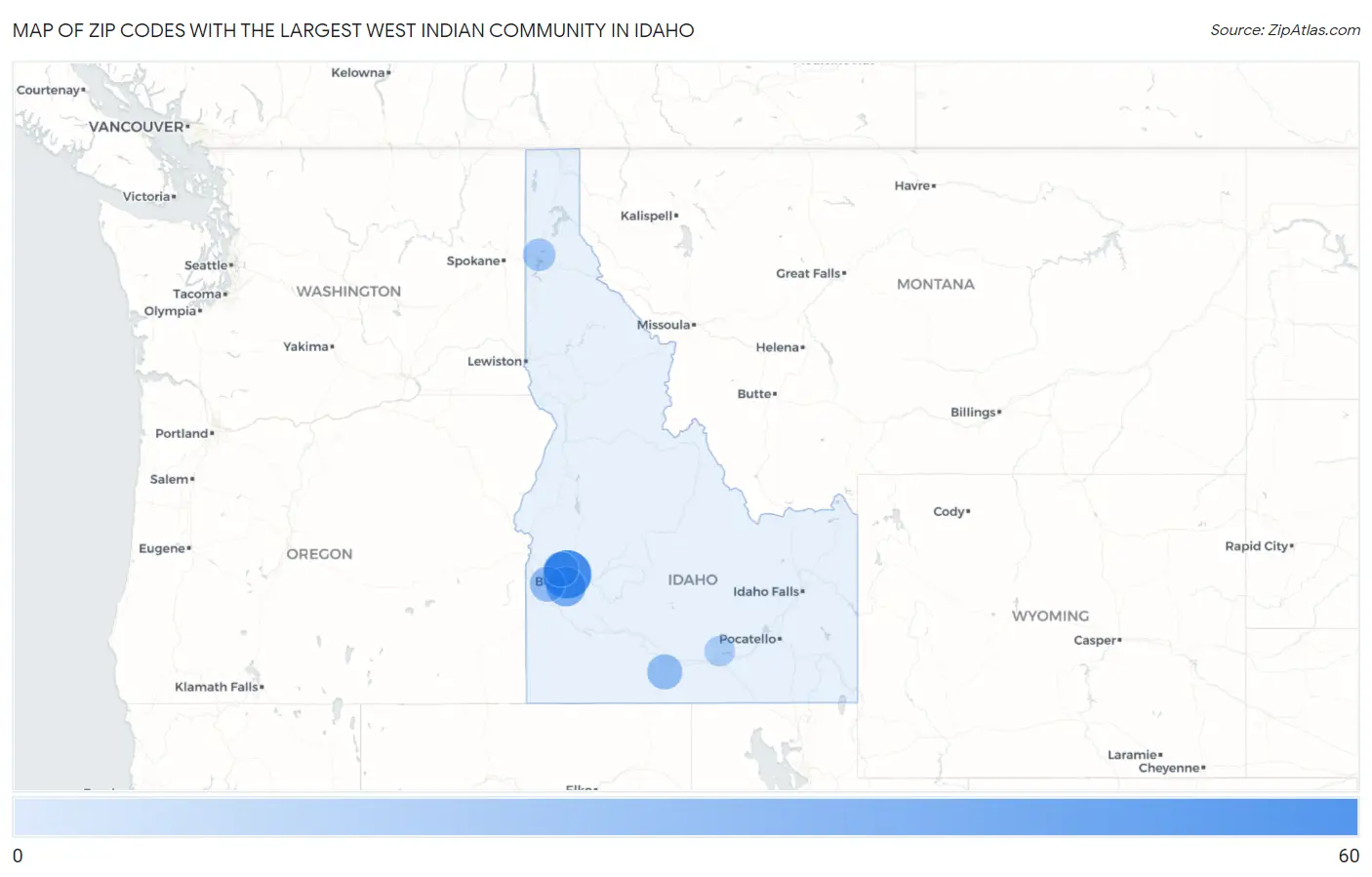 Zip Codes with the Largest West Indian Community in Idaho Map