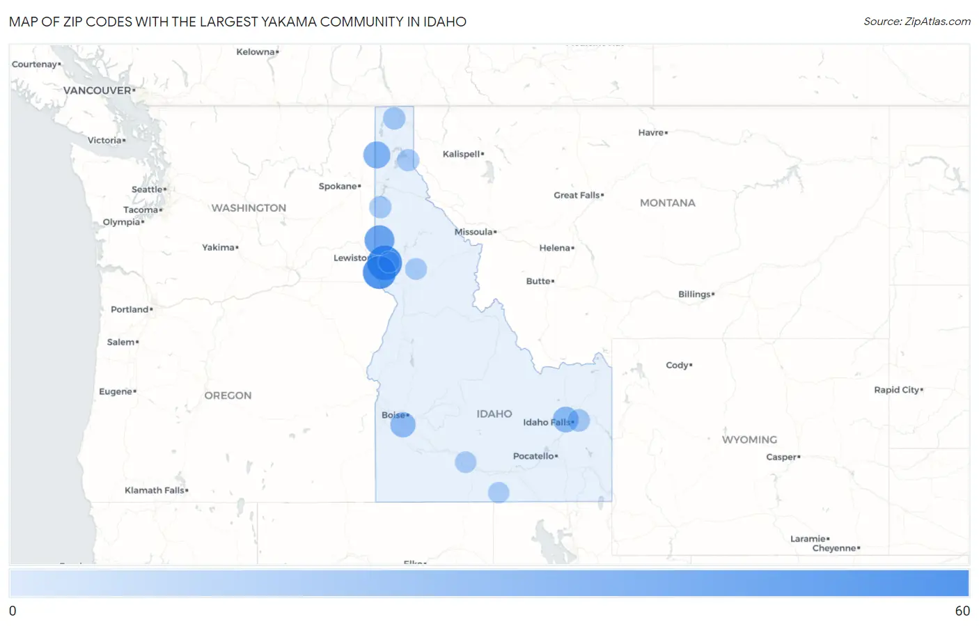 Zip Codes with the Largest Yakama Community in Idaho Map