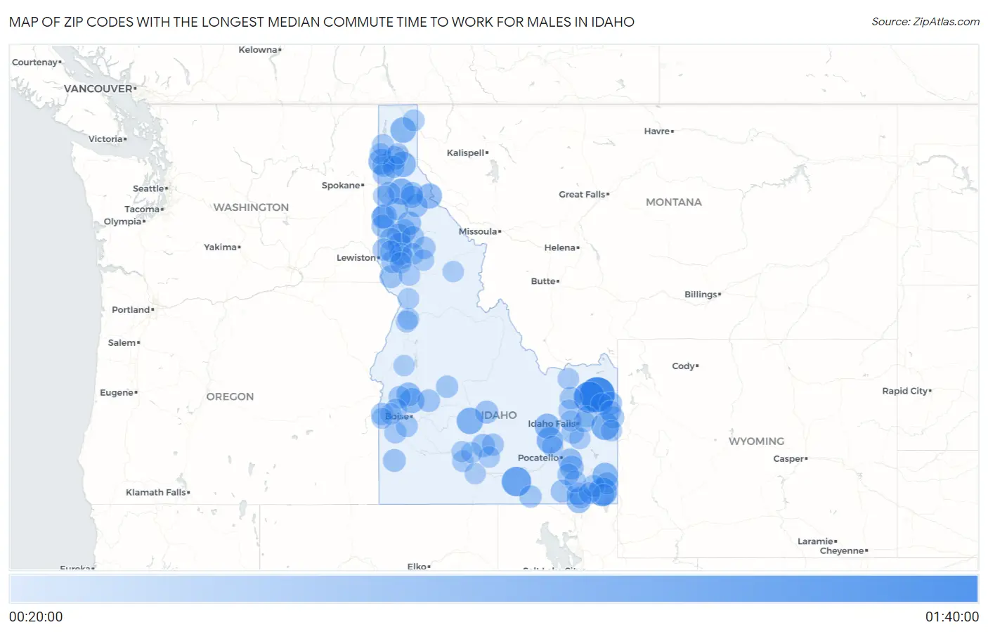 Zip Codes with the Longest Median Commute Time to Work for Males in Idaho Map