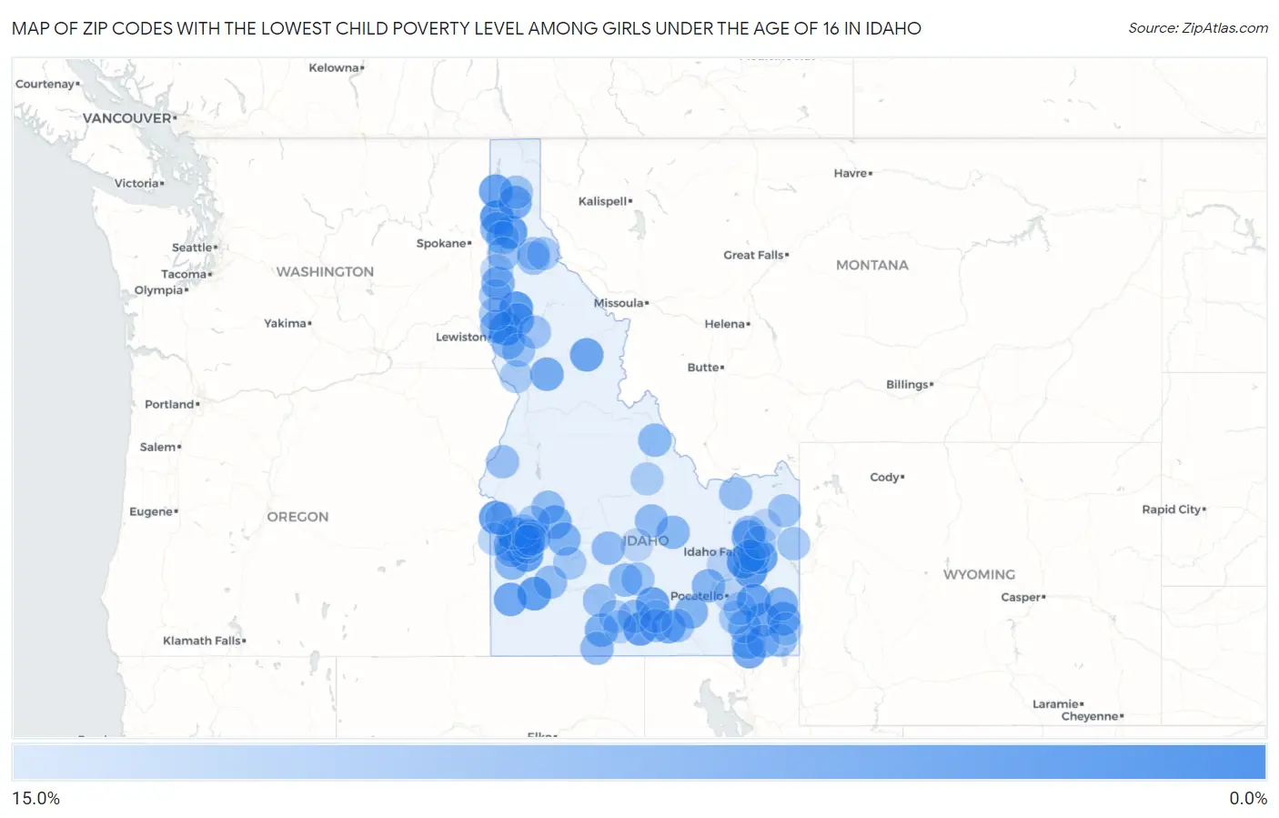 Zip Codes with the Lowest Child Poverty Level Among Girls Under the Age of 16 in Idaho Map