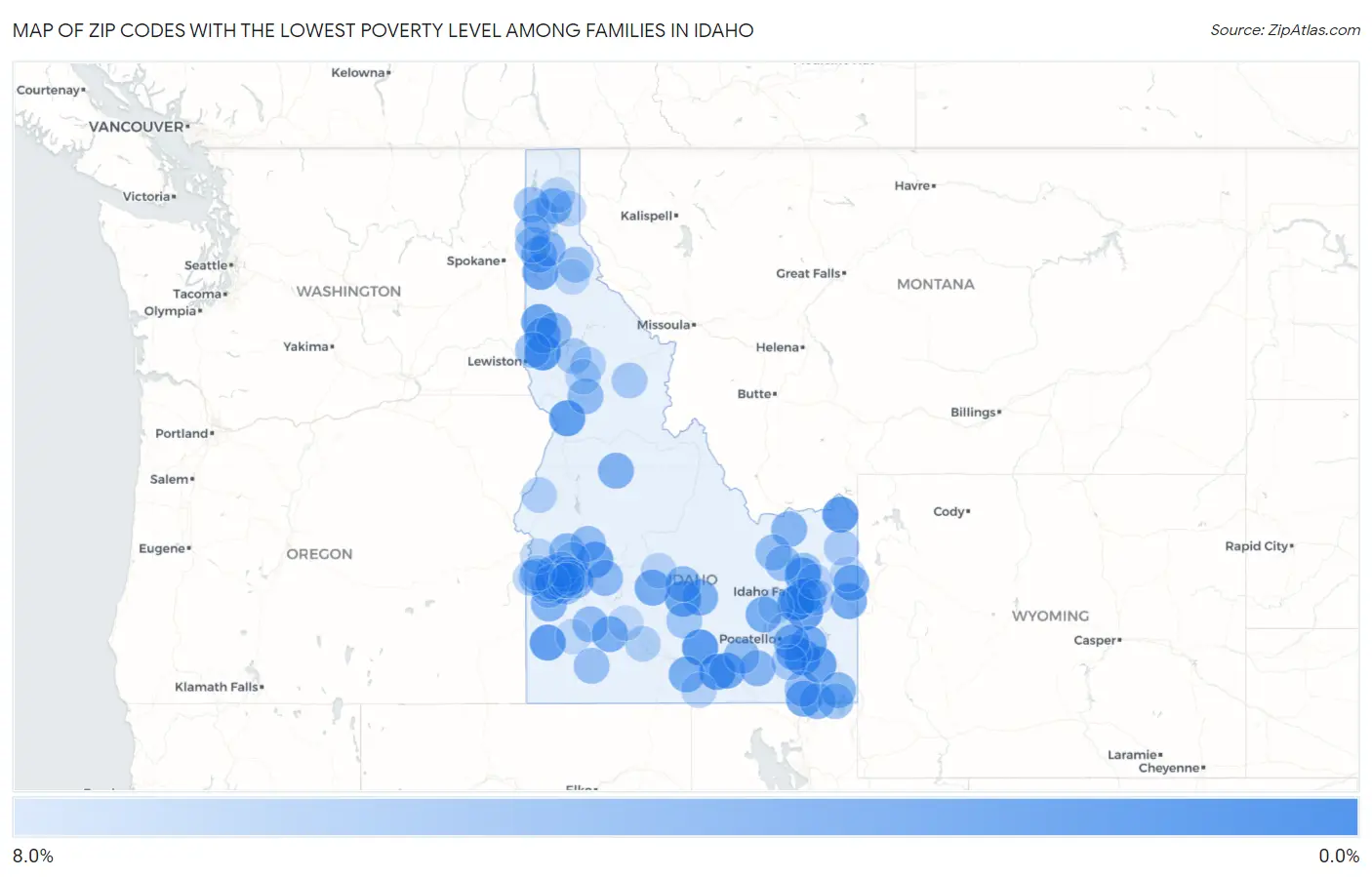 Zip Codes with the Lowest Poverty Level Among Families in Idaho Map