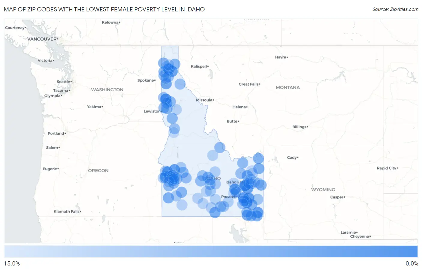 Zip Codes with the Lowest Female Poverty Level in Idaho Map
