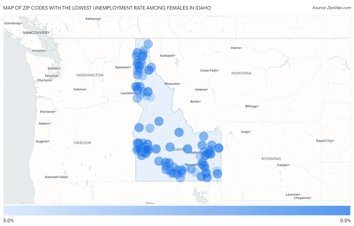 Zip Codes with the Lowest Unemployment Rate Among Females in Idaho Map