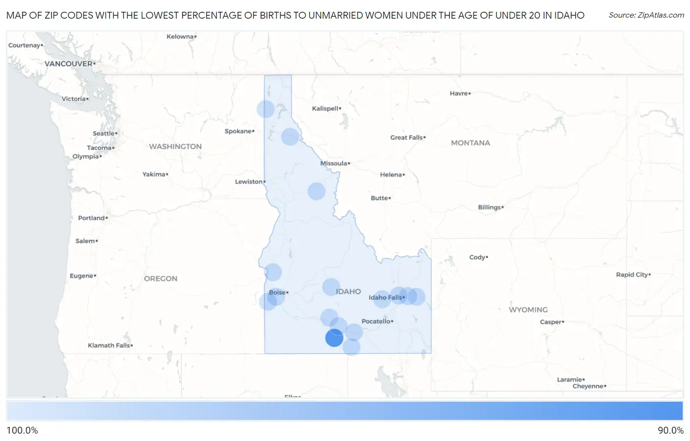 Zip Codes with the Lowest Percentage of Births to Unmarried Women under the Age of under 20 in Idaho Map