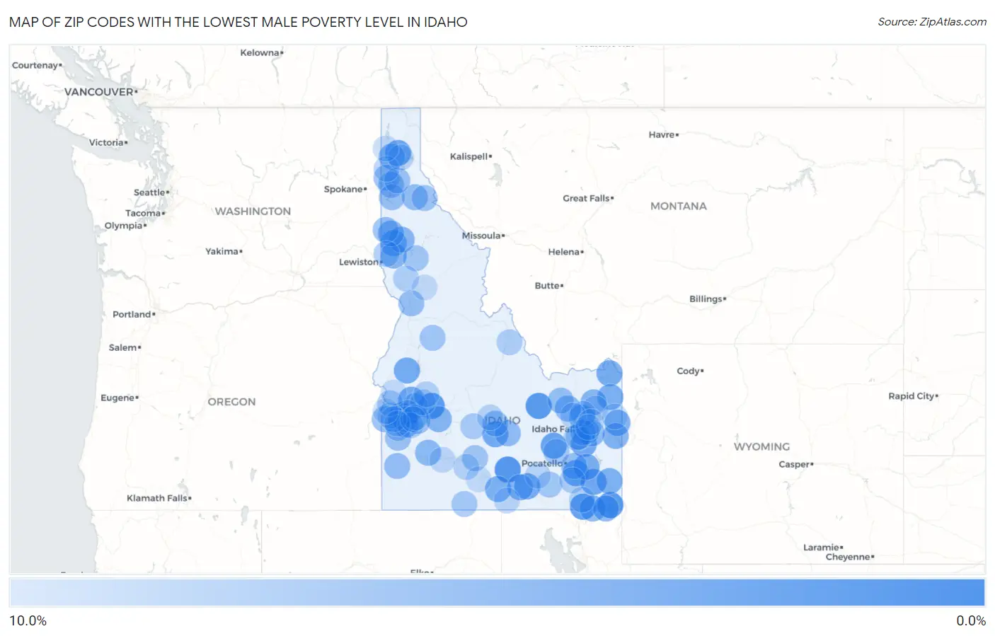Zip Codes with the Lowest Male Poverty Level in Idaho Map