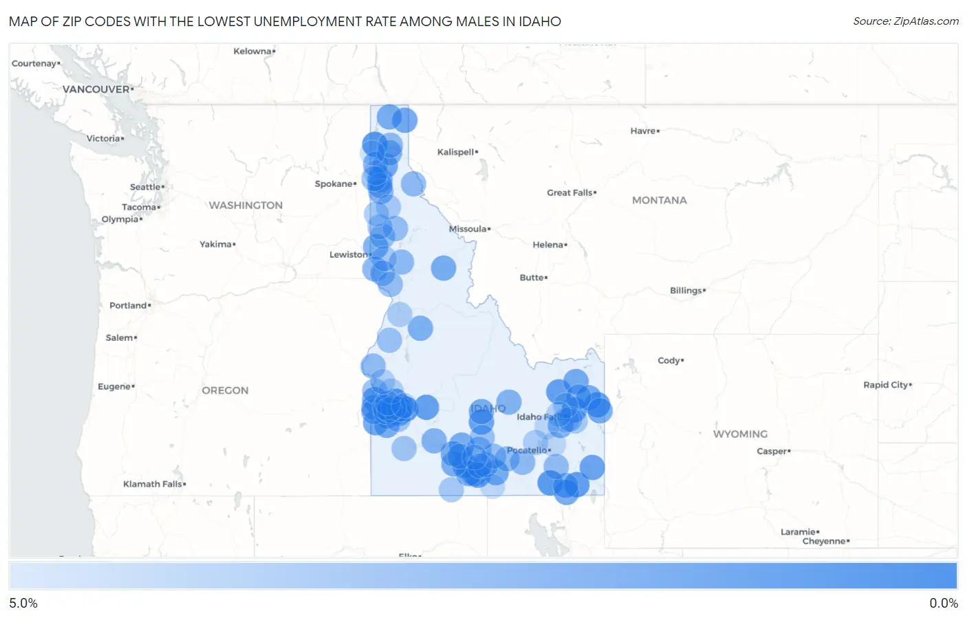 Zip Codes with the Lowest Unemployment Rate Among Males in Idaho Map