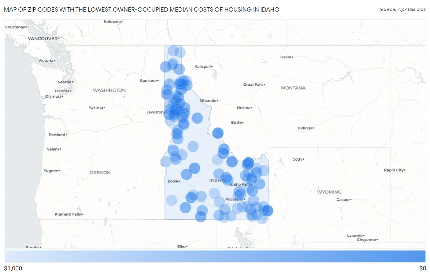 Zip Codes with the Lowest Owner-Occupied Median Costs of Housing in Idaho Map