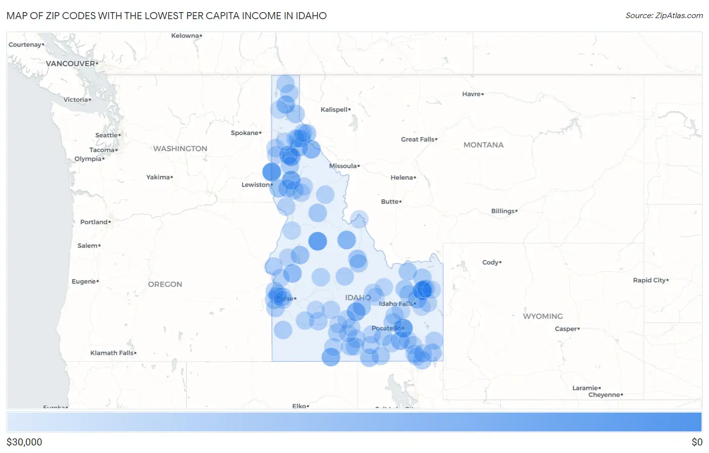 Zip Codes with the Lowest Per Capita Income in Idaho Map