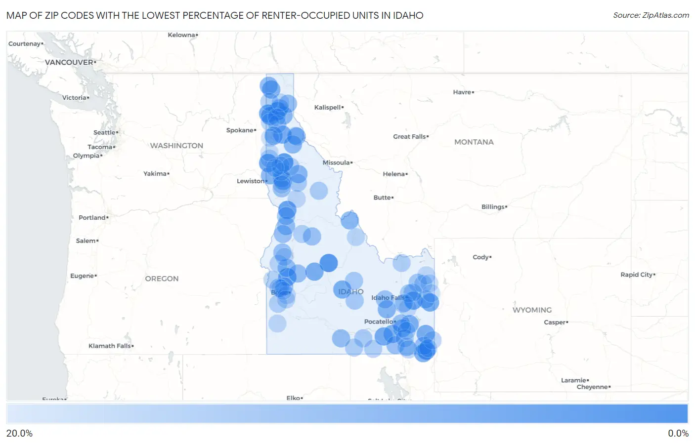 Zip Codes with the Lowest Percentage of Renter-Occupied Units in Idaho Map