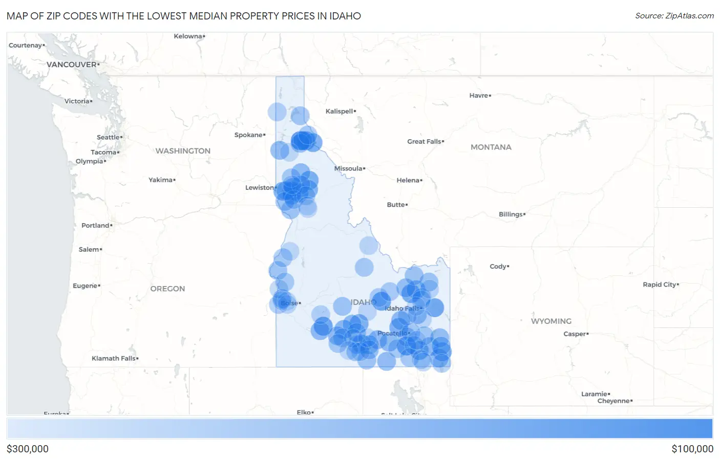 Zip Codes with the Lowest Median Property Prices in Idaho Map