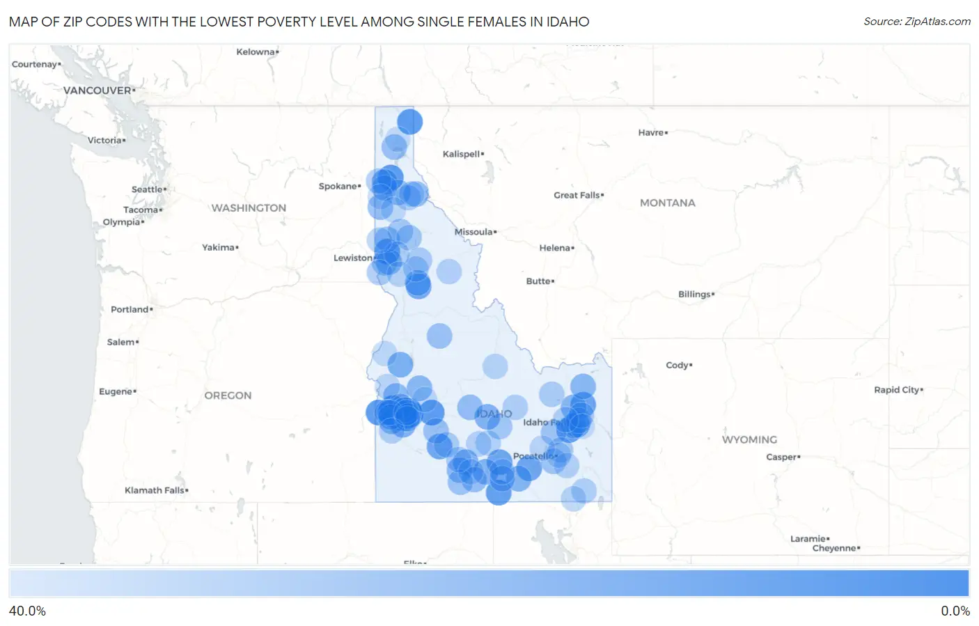 Zip Codes with the Lowest Poverty Level Among Single Females in Idaho Map