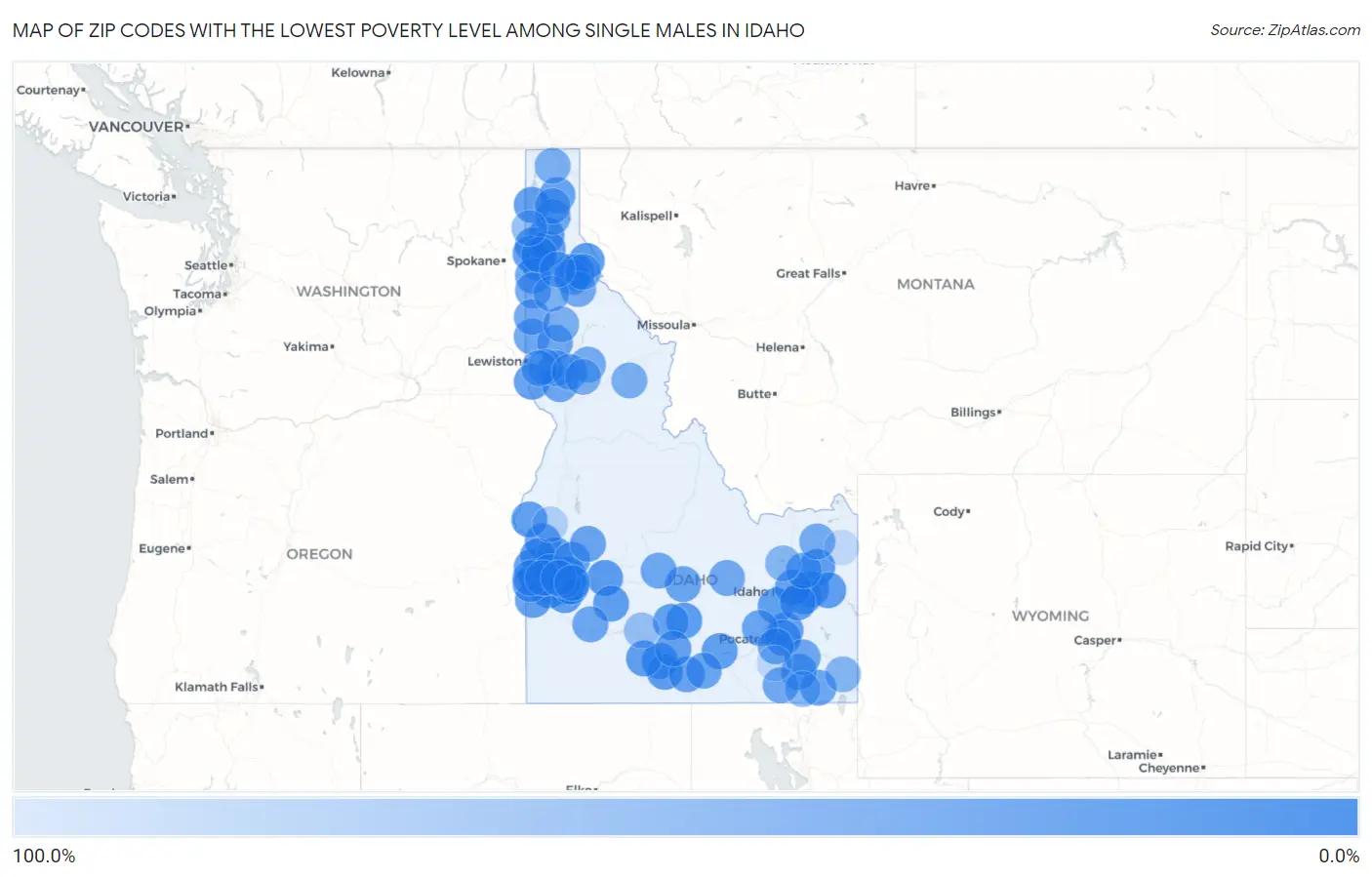 Zip Codes with the Lowest Poverty Level Among Single Males in Idaho Map