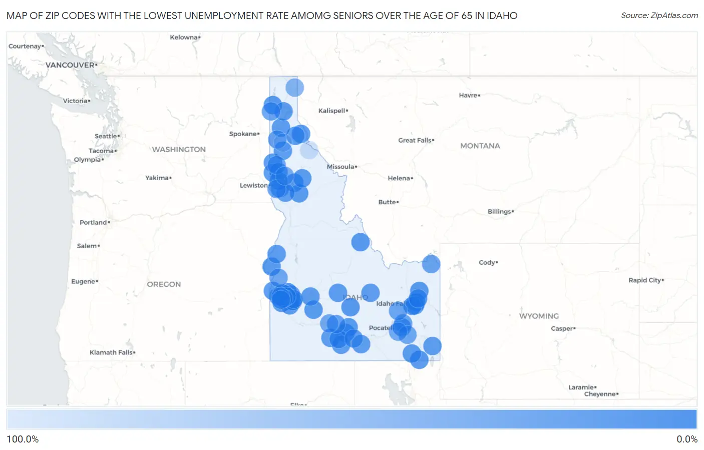 Zip Codes with the Lowest Unemployment Rate Amomg Seniors Over the Age of 65 in Idaho Map