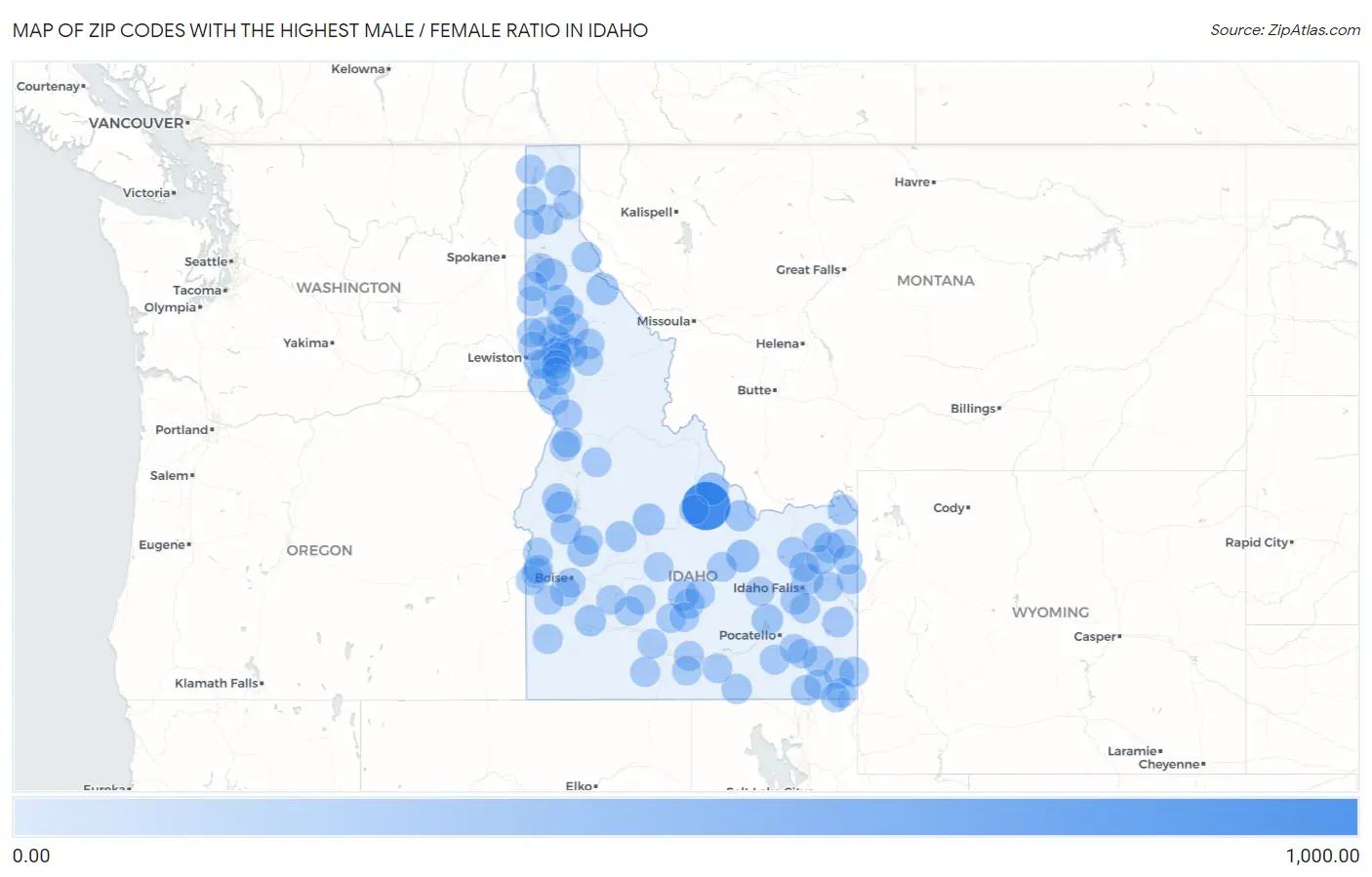 Zip Codes with the Highest Male / Female Ratio in Idaho Map