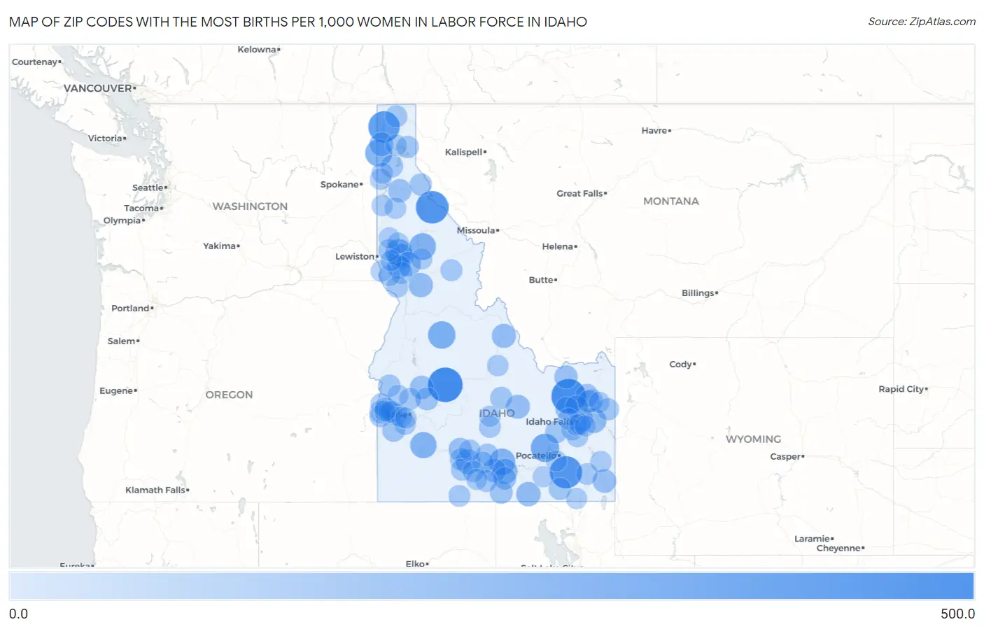 Zip Codes with the Most Births per 1,000 Women in Labor Force in Idaho Map