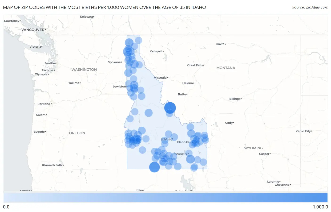Zip Codes with the Most Births per 1,000 Women Over the Age of 35 in Idaho Map