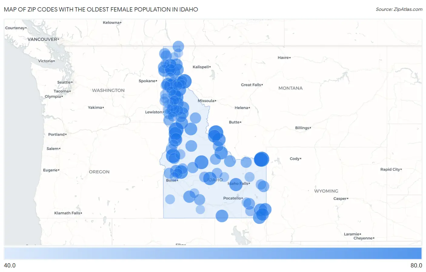 Zip Codes with the Oldest Female Population in Idaho Map
