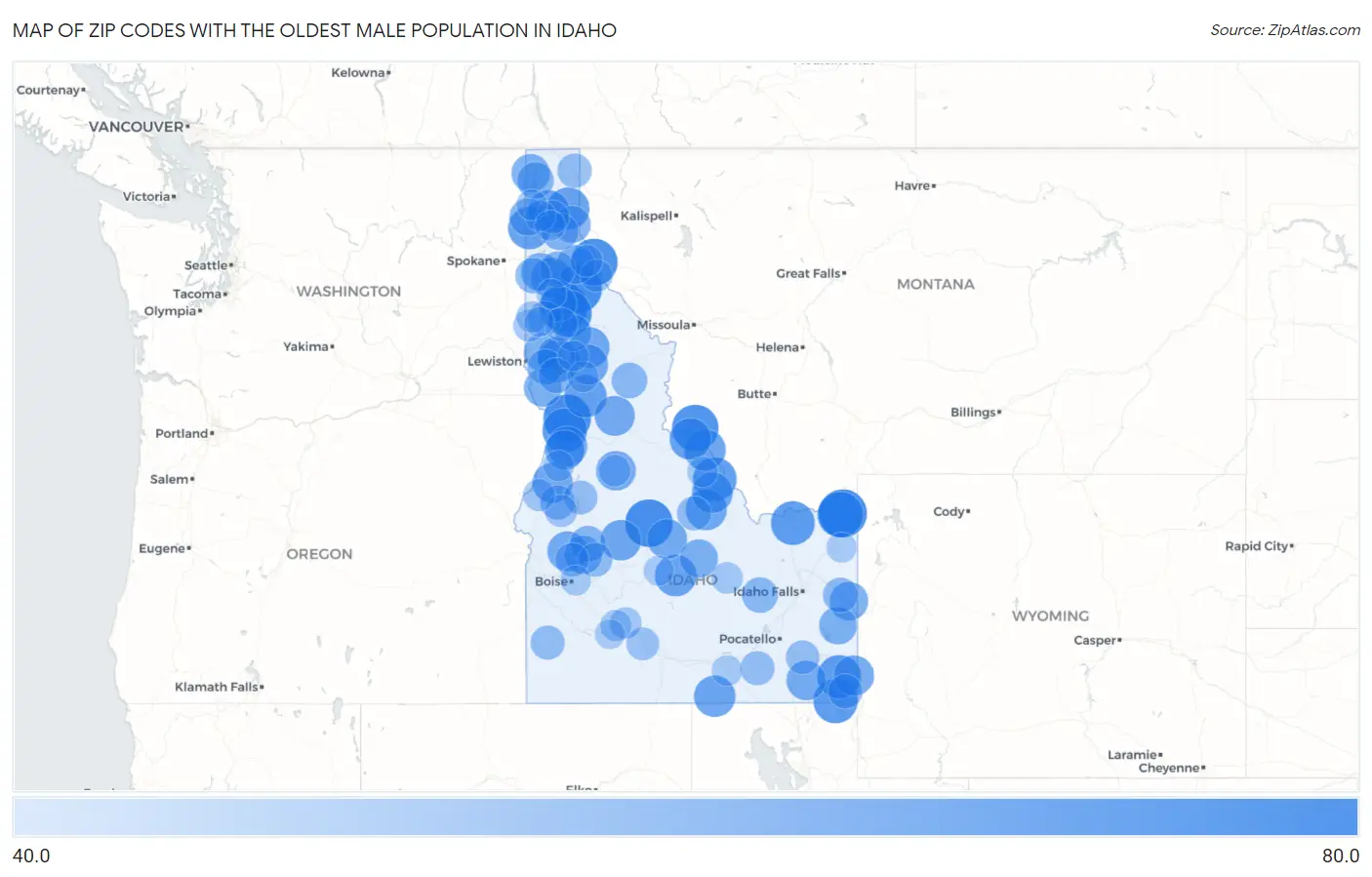 Zip Codes with the Oldest Male Population in Idaho Map