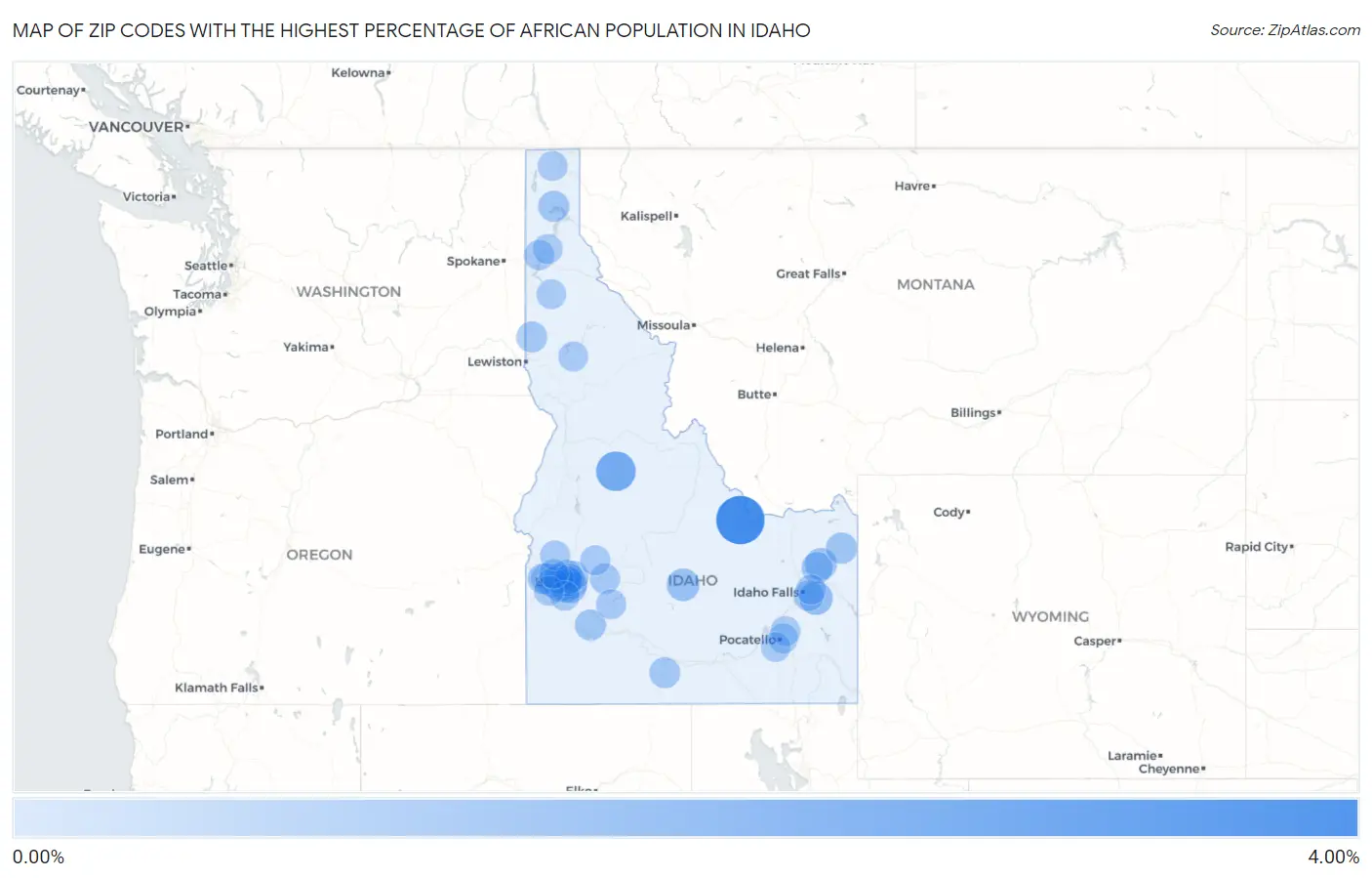 Zip Codes with the Highest Percentage of African Population in Idaho Map