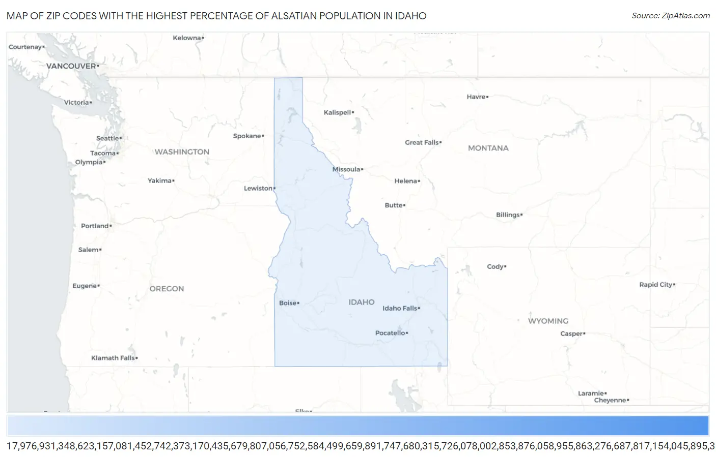 Zip Codes with the Highest Percentage of Alsatian Population in Idaho Map