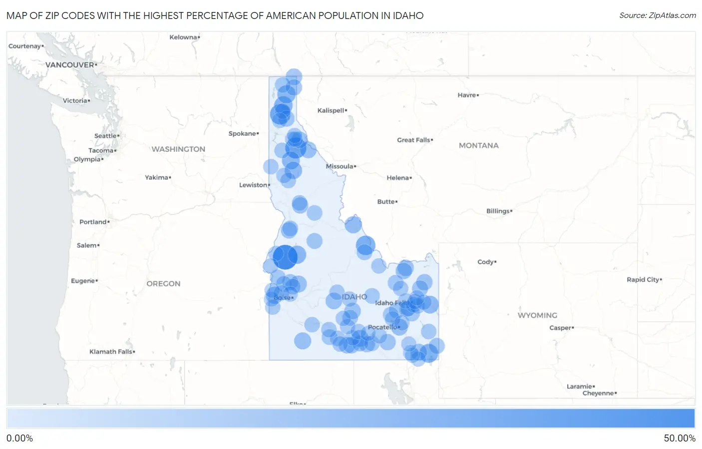 Zip Codes with the Highest Percentage of American Population in Idaho Map