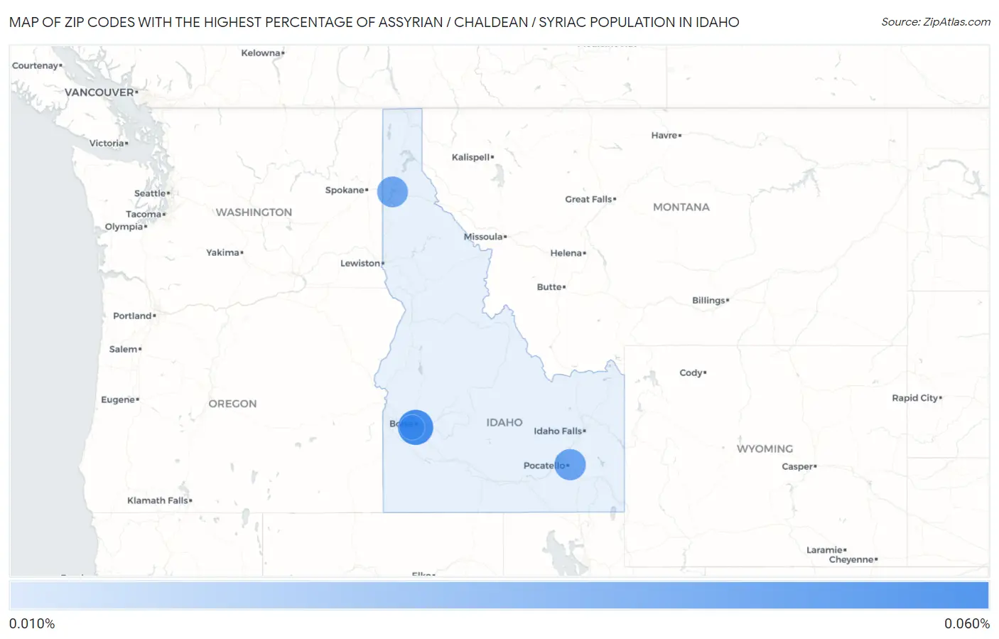 Zip Codes with the Highest Percentage of Assyrian / Chaldean / Syriac Population in Idaho Map