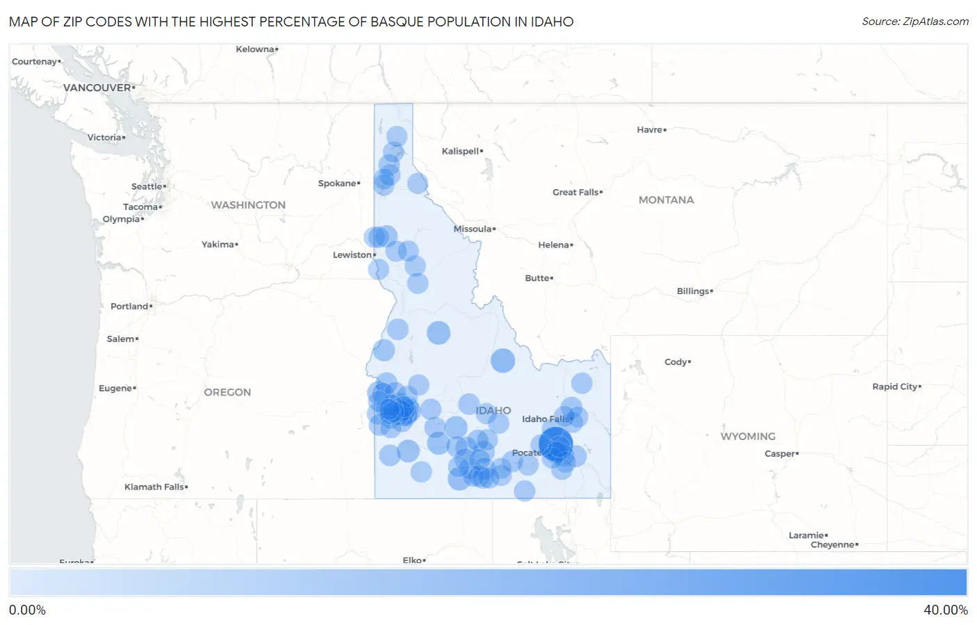 Zip Codes with the Highest Percentage of Basque Population in Idaho Map