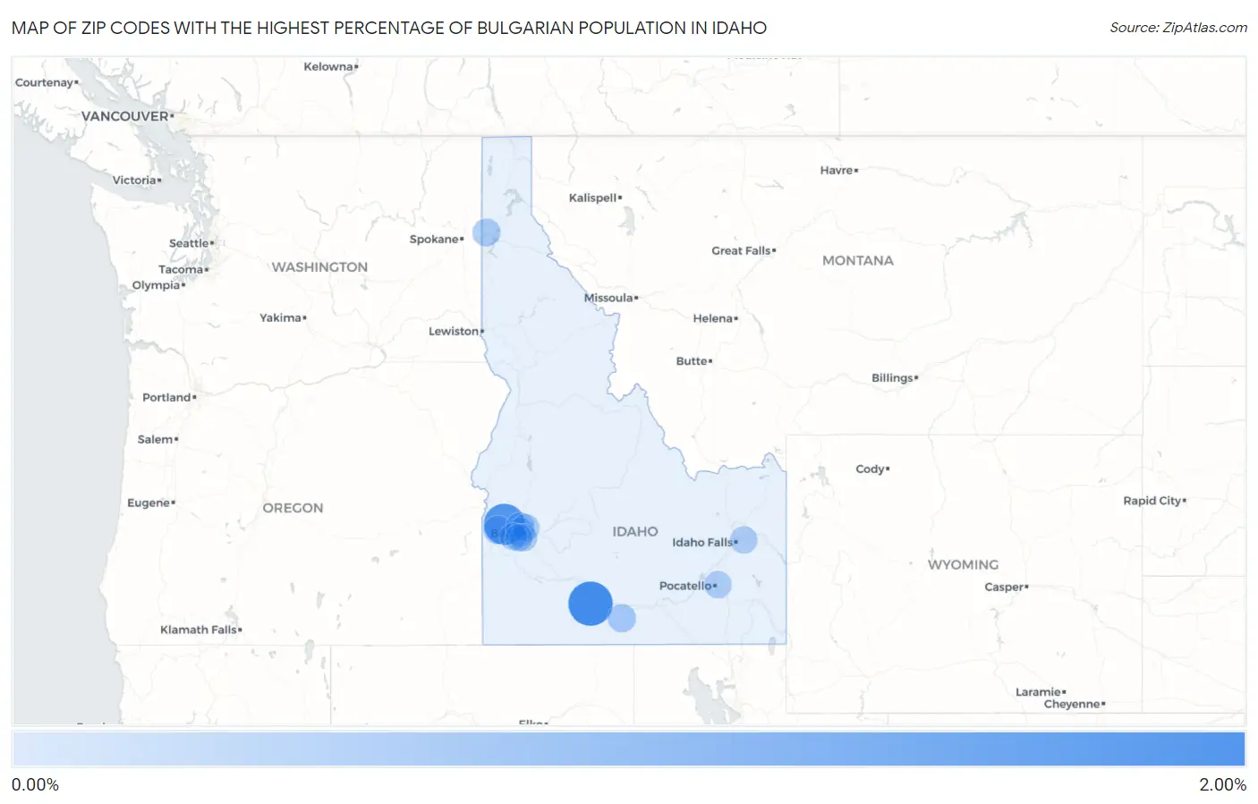 Zip Codes with the Highest Percentage of Bulgarian Population in Idaho Map