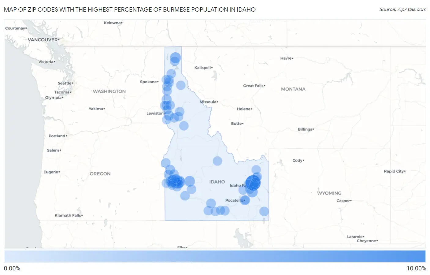 Zip Codes with the Highest Percentage of Burmese Population in Idaho Map