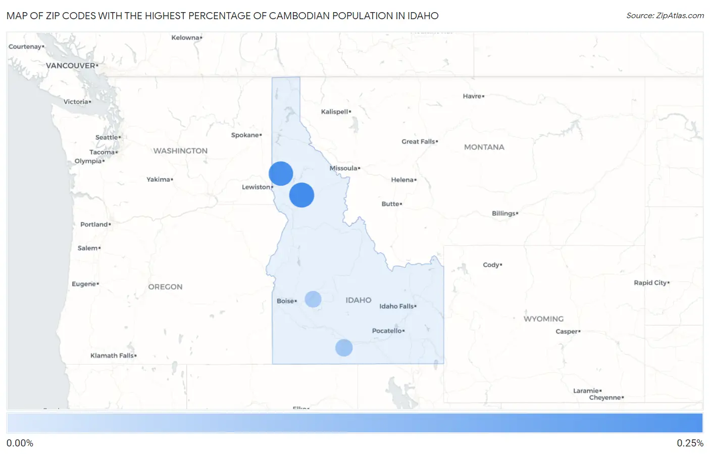 Zip Codes with the Highest Percentage of Cambodian Population in Idaho Map