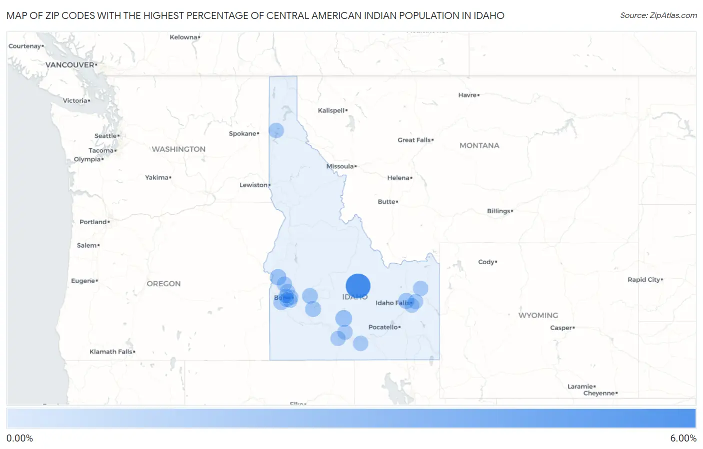 Zip Codes with the Highest Percentage of Central American Indian Population in Idaho Map