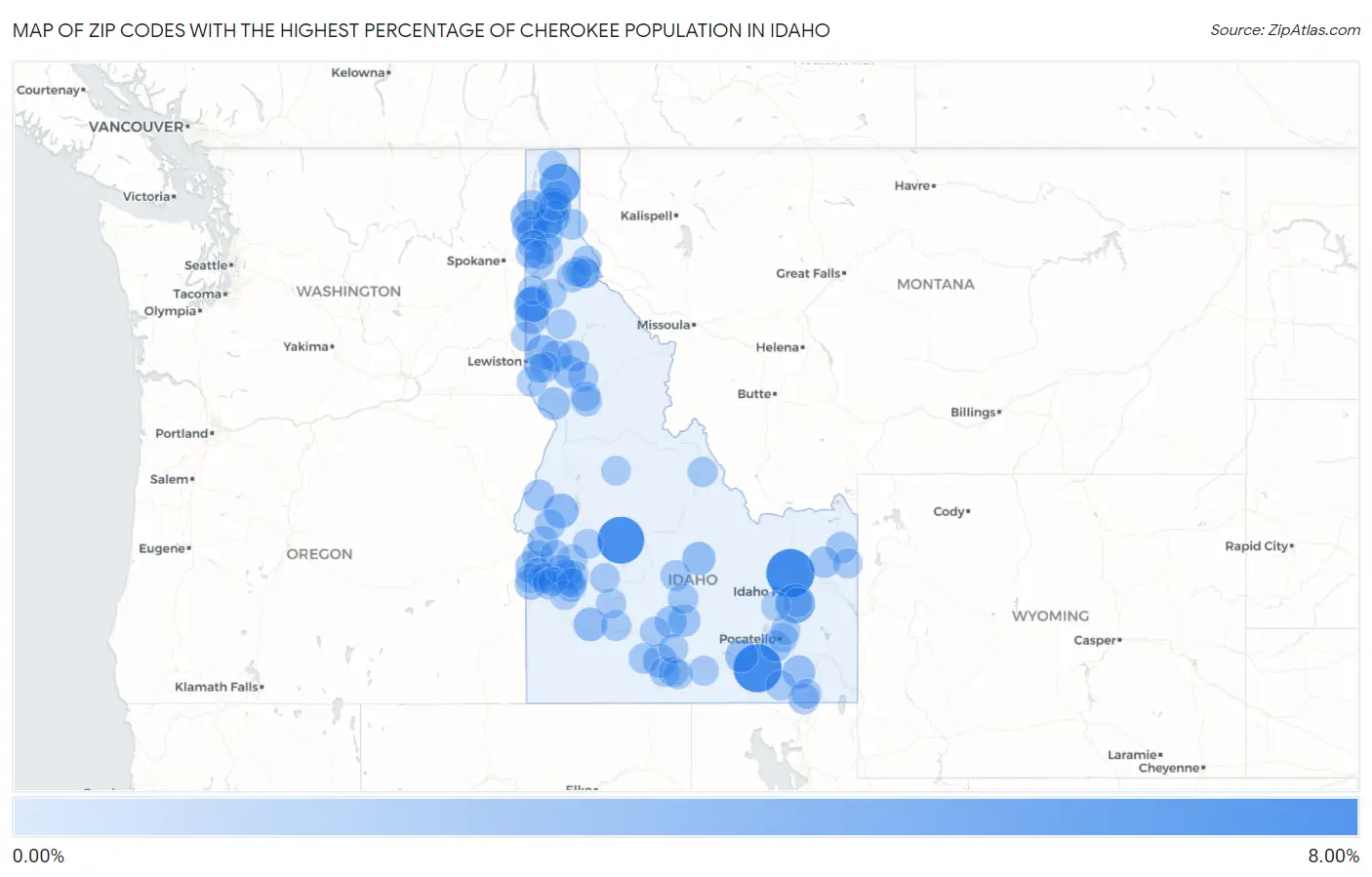 Zip Codes with the Highest Percentage of Cherokee Population in Idaho Map