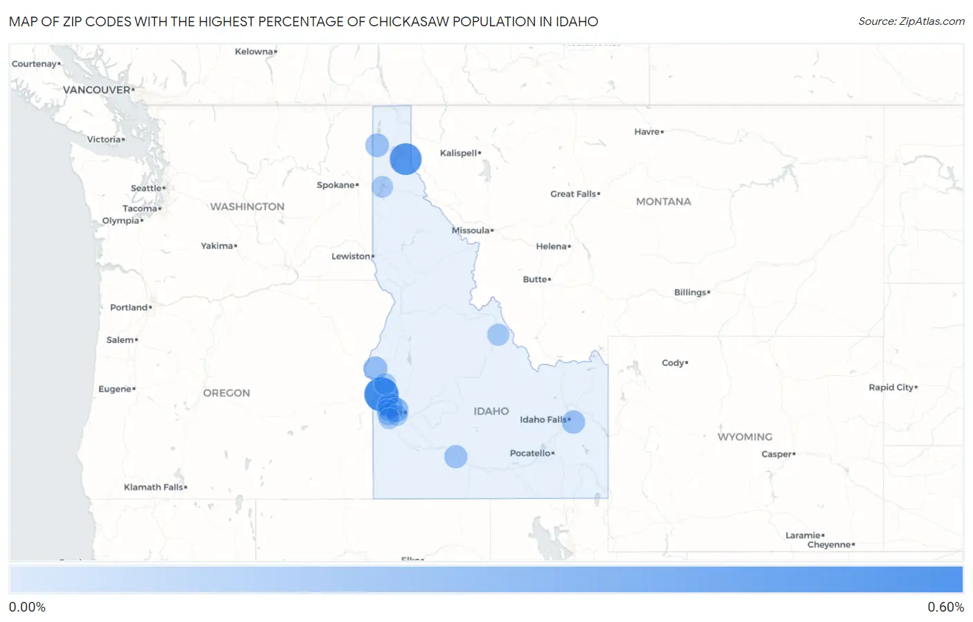 Zip Codes with the Highest Percentage of Chickasaw Population in Idaho Map