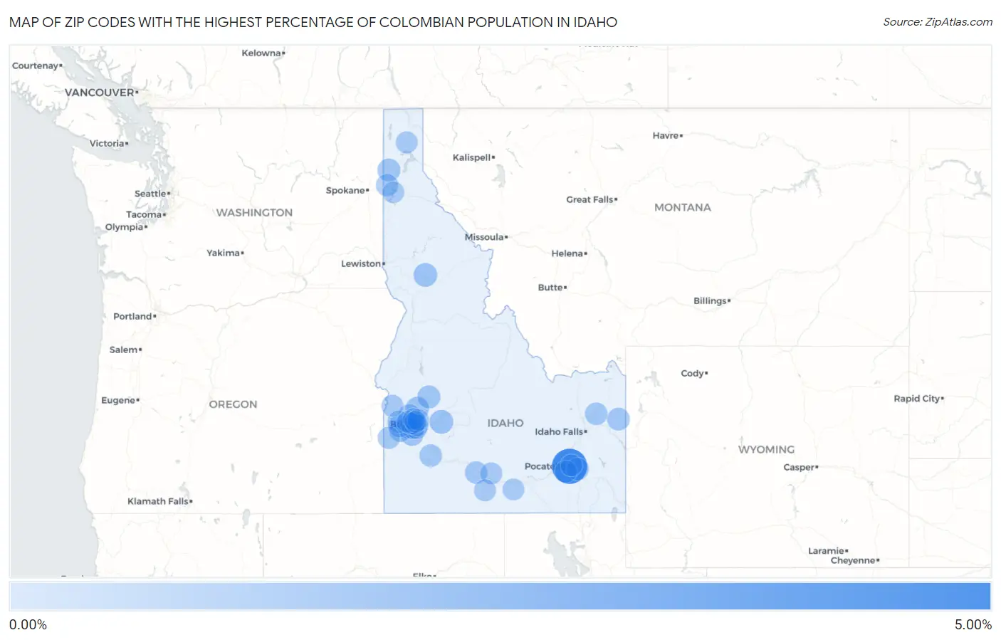 Zip Codes with the Highest Percentage of Colombian Population in Idaho Map