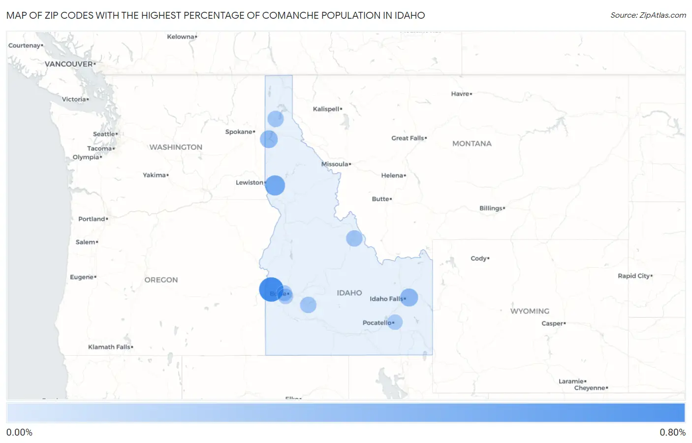 Zip Codes with the Highest Percentage of Comanche Population in Idaho Map