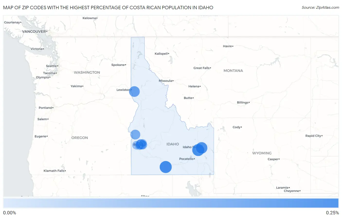 Zip Codes with the Highest Percentage of Costa Rican Population in Idaho Map
