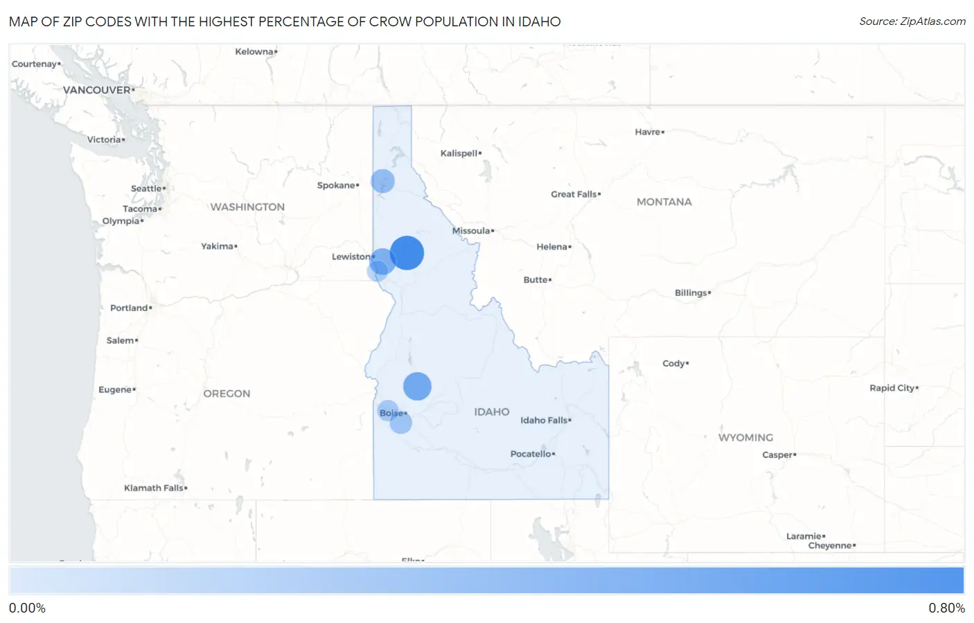 Zip Codes with the Highest Percentage of Crow Population in Idaho Map